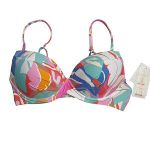 Raisins Moonshadow Printed Underwire Bikini Top White Abstract Leaf XS New